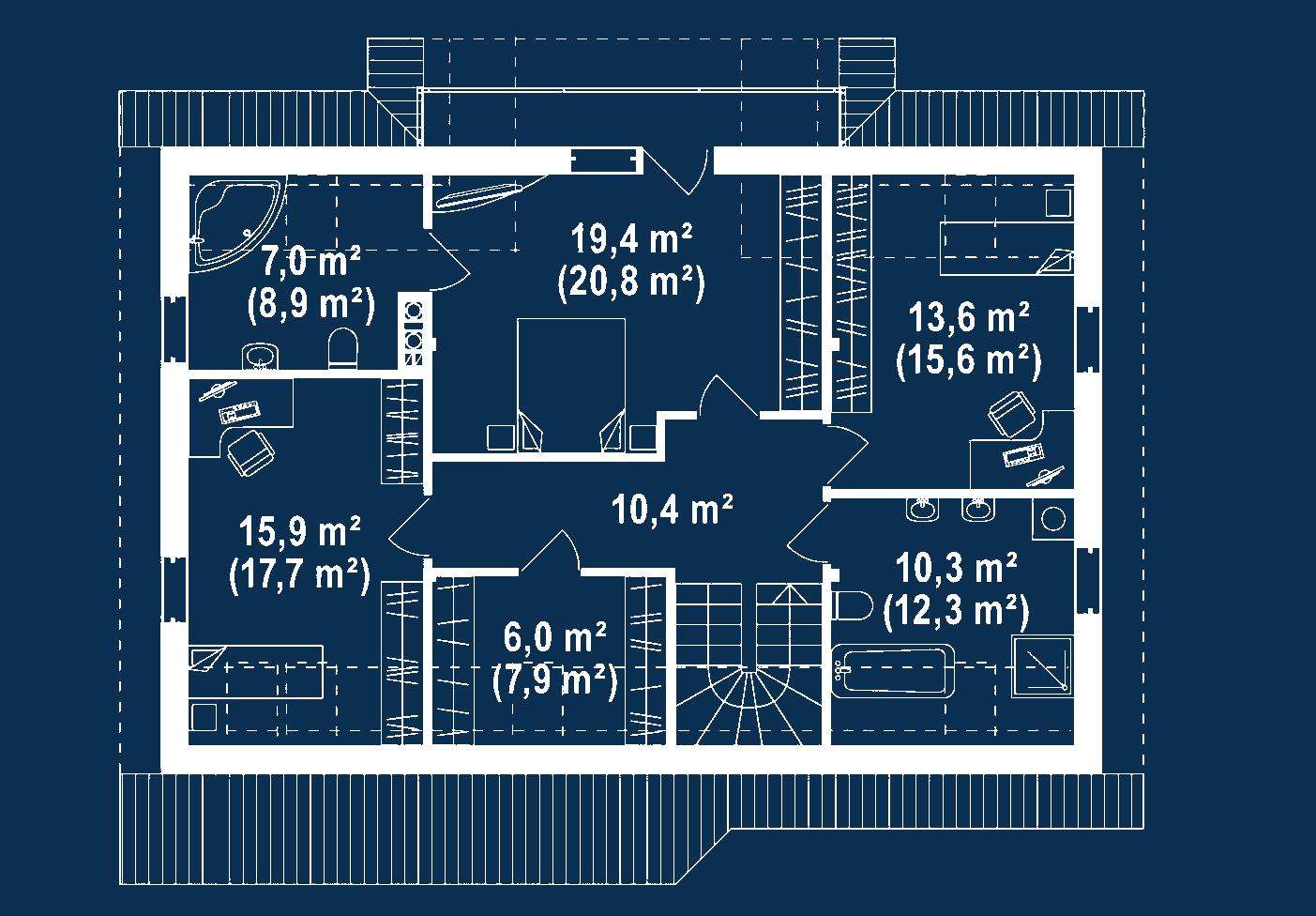 Plan mansardă Casă cu mansardă 157 mp utili, un dormitor, 2 băi