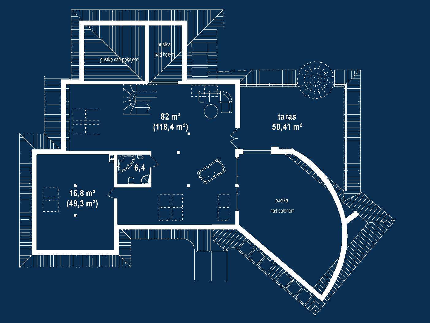 Plan mansardă Casă cu mansardă 344 mp utili, 3 dormitoare, 3 băi