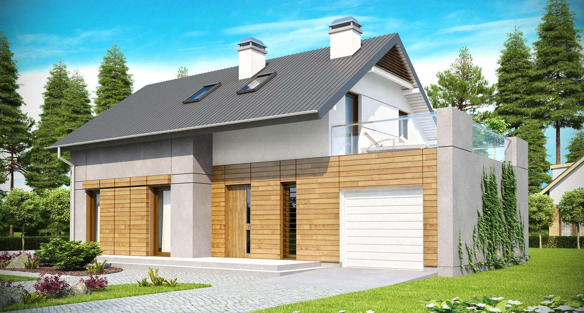 Fatada Casă cu mansardă 122 mp utili, un dormitor, 2 băi