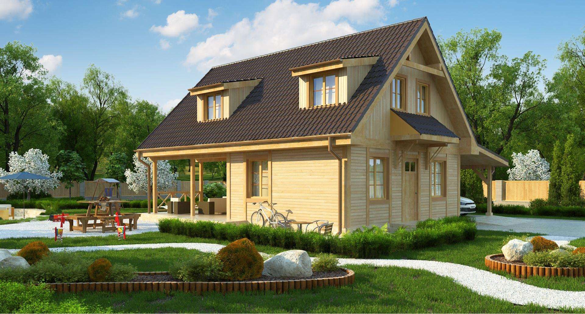 Fatada Casă cu mansardă 89 mp utili, un dormitor, 2 băi