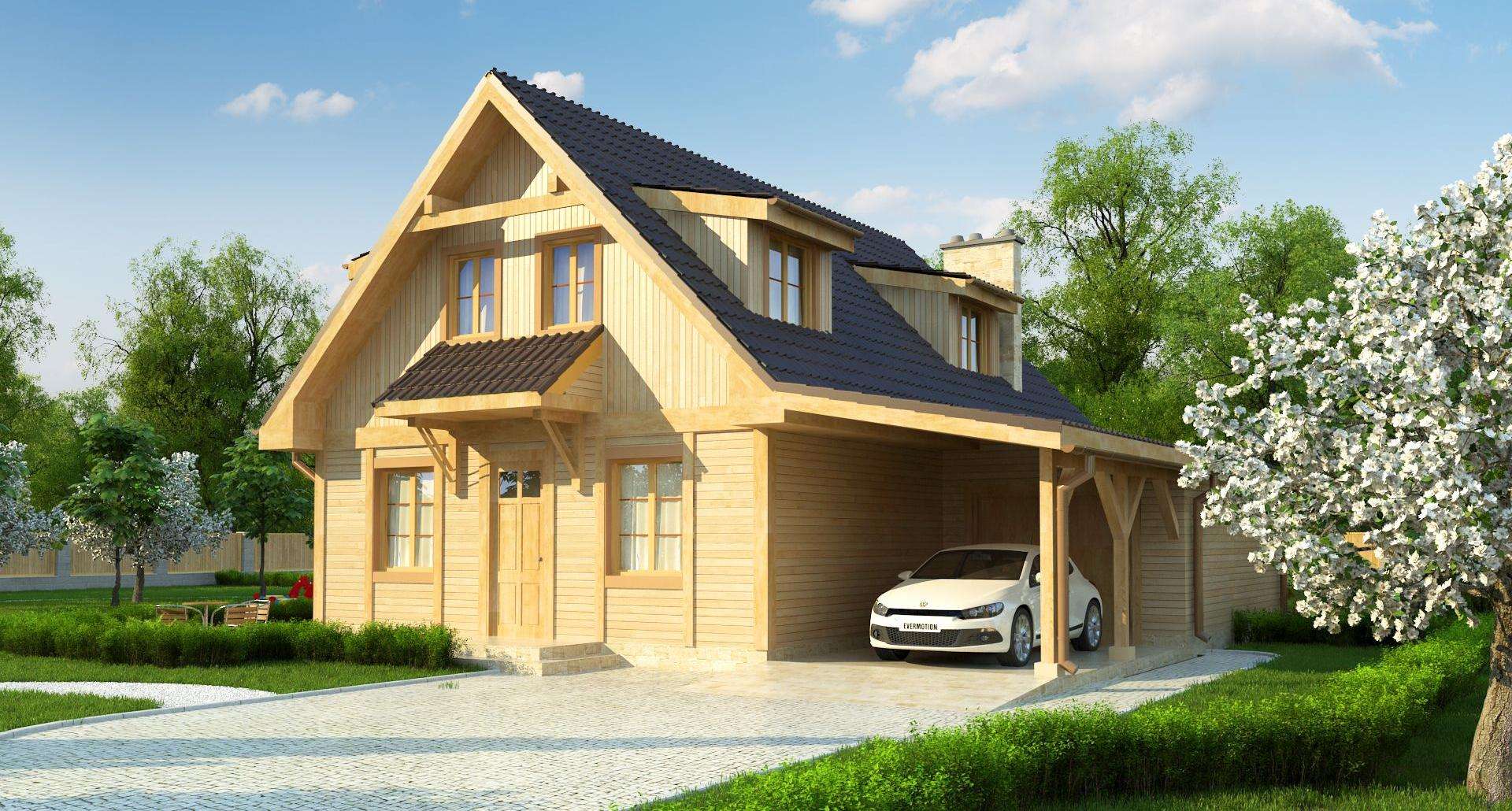 Fatada Casă cu mansardă 89 mp utili, un dormitor, 2 băi