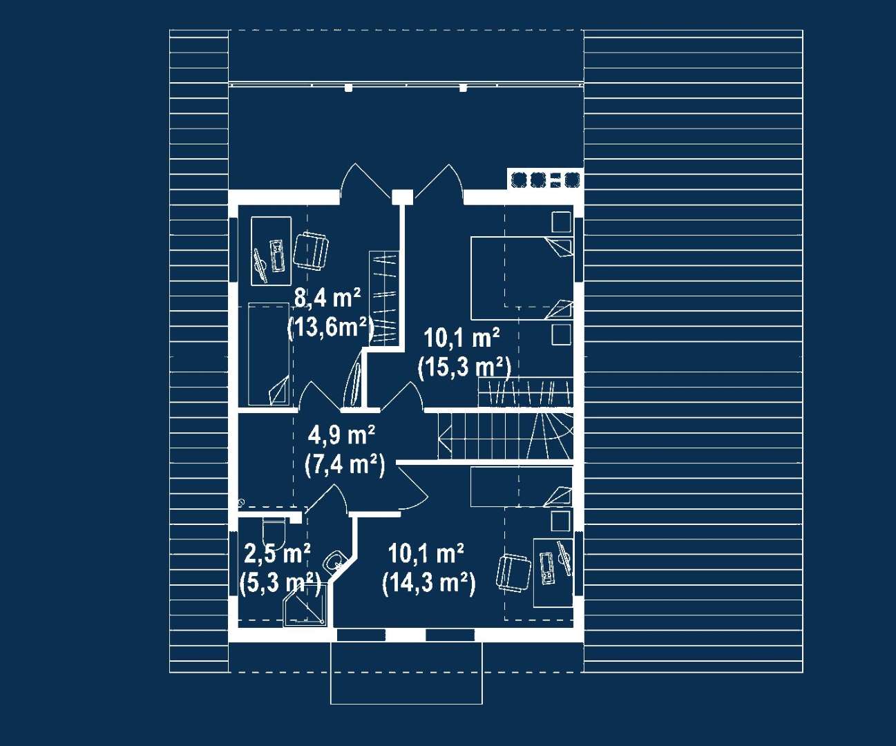 Plan mansardă Casă cu mansardă 89 mp utili, un dormitor, 2 băi