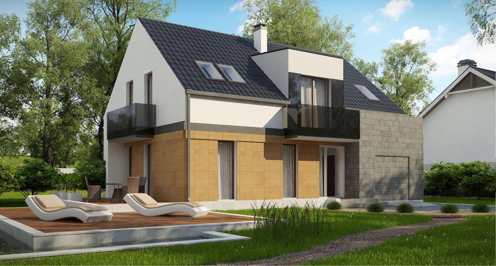 Fatada Casă cu mansardă 133 mp utili, un dormitor, 2 băi