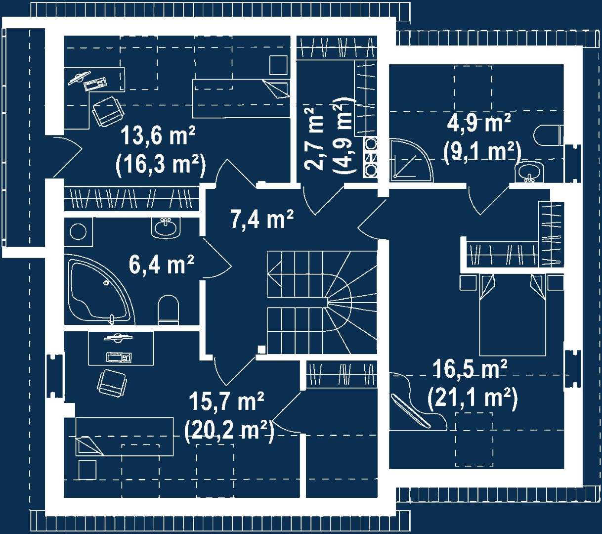 Plan mansardă Casă cu mansardă 128 mp utili, un dormitor, 2 băi