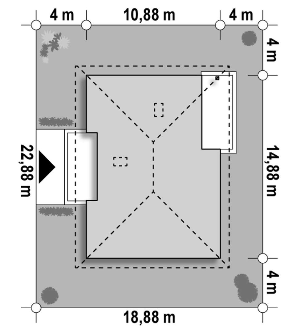 Plan amplasament Casă parter 118 mp utili, 3 dormitoare, o baie