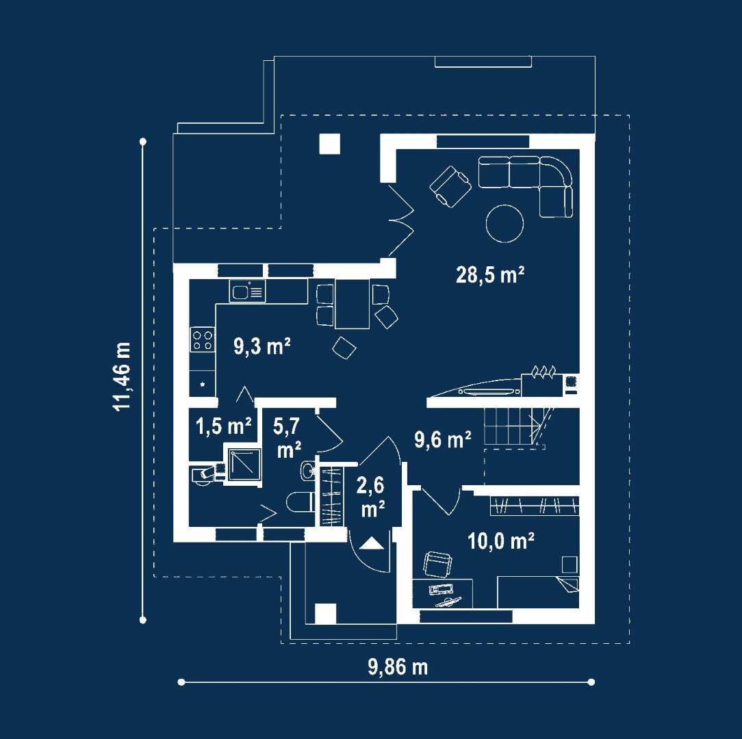 Plan parter Casă cu mansardă 117 mp utili, un dormitor, 2 băi