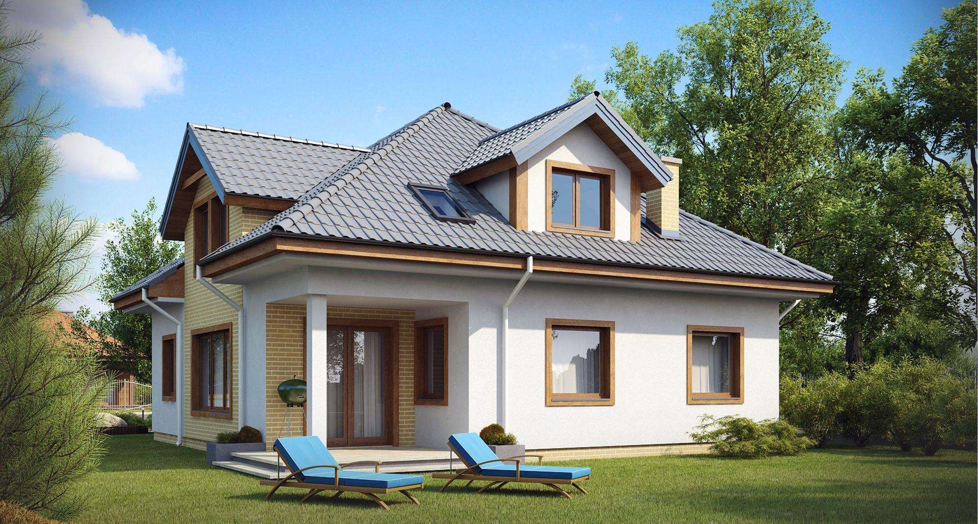 Fatada Casă cu mansardă 134 mp utili, un dormitor, 2 băi