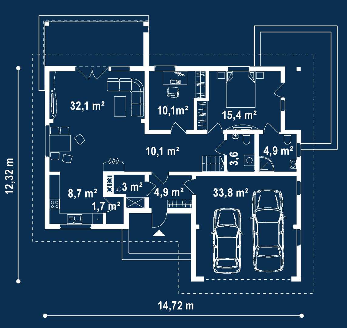 Plan parter Casă cu mansardă 155 mp utili, un dormitor, 2 băi