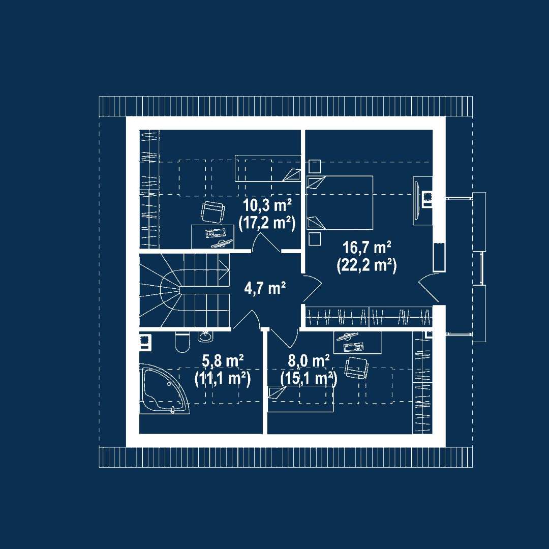 Plan mansardă Casă cu mansardă 123 mp utili, un dormitor, o baie
