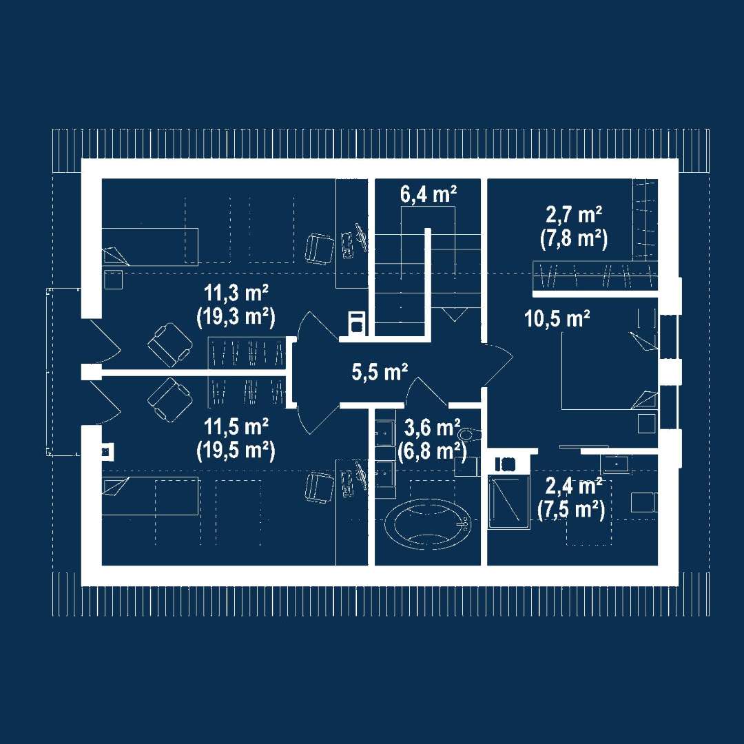 Plan mansardă Casă cu mansardă 118 mp utili, un dormitor, 3 băi