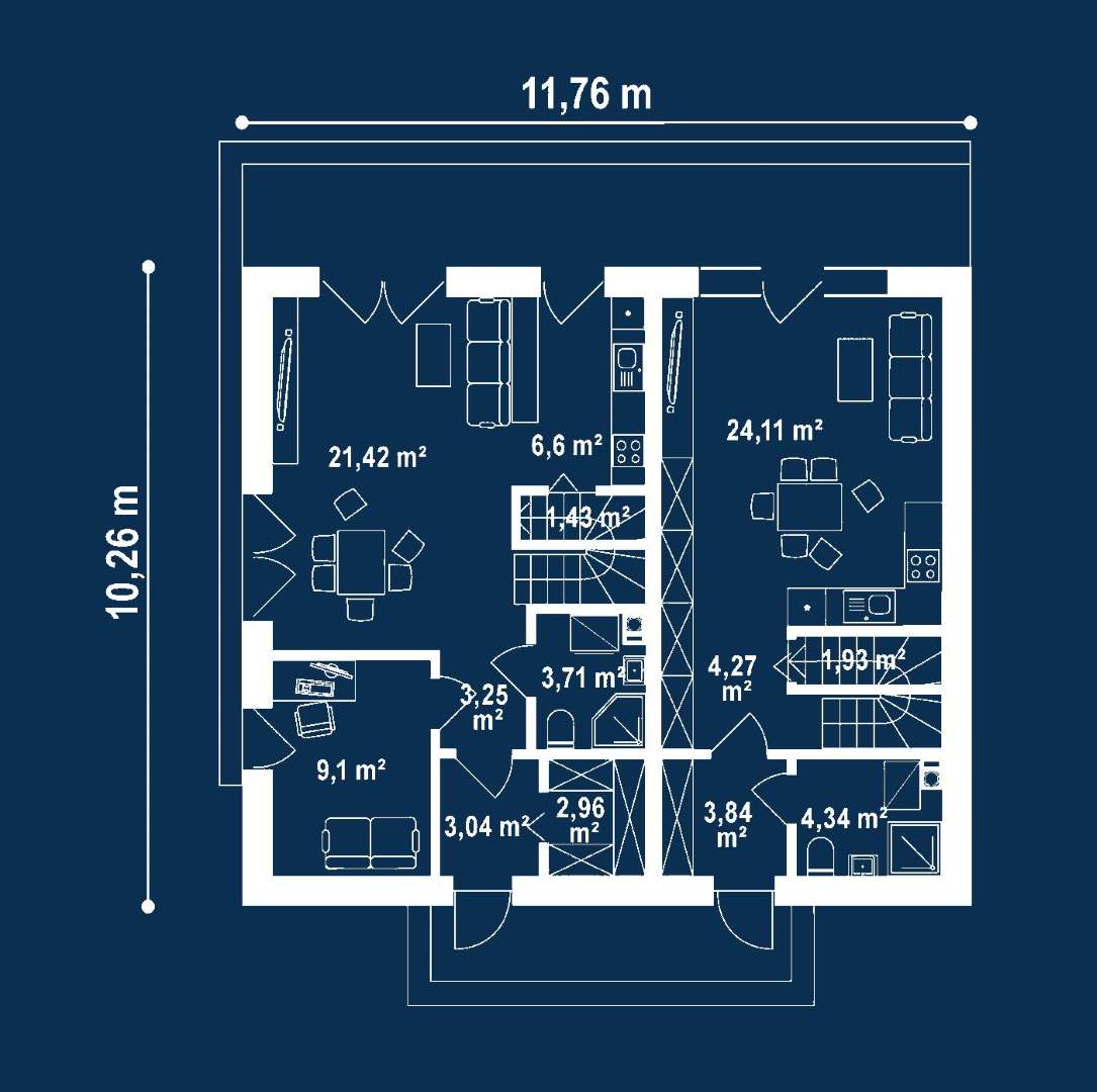 Plan parter Casă cu mansardă 157 mp utili, un dormitor, 4 băi