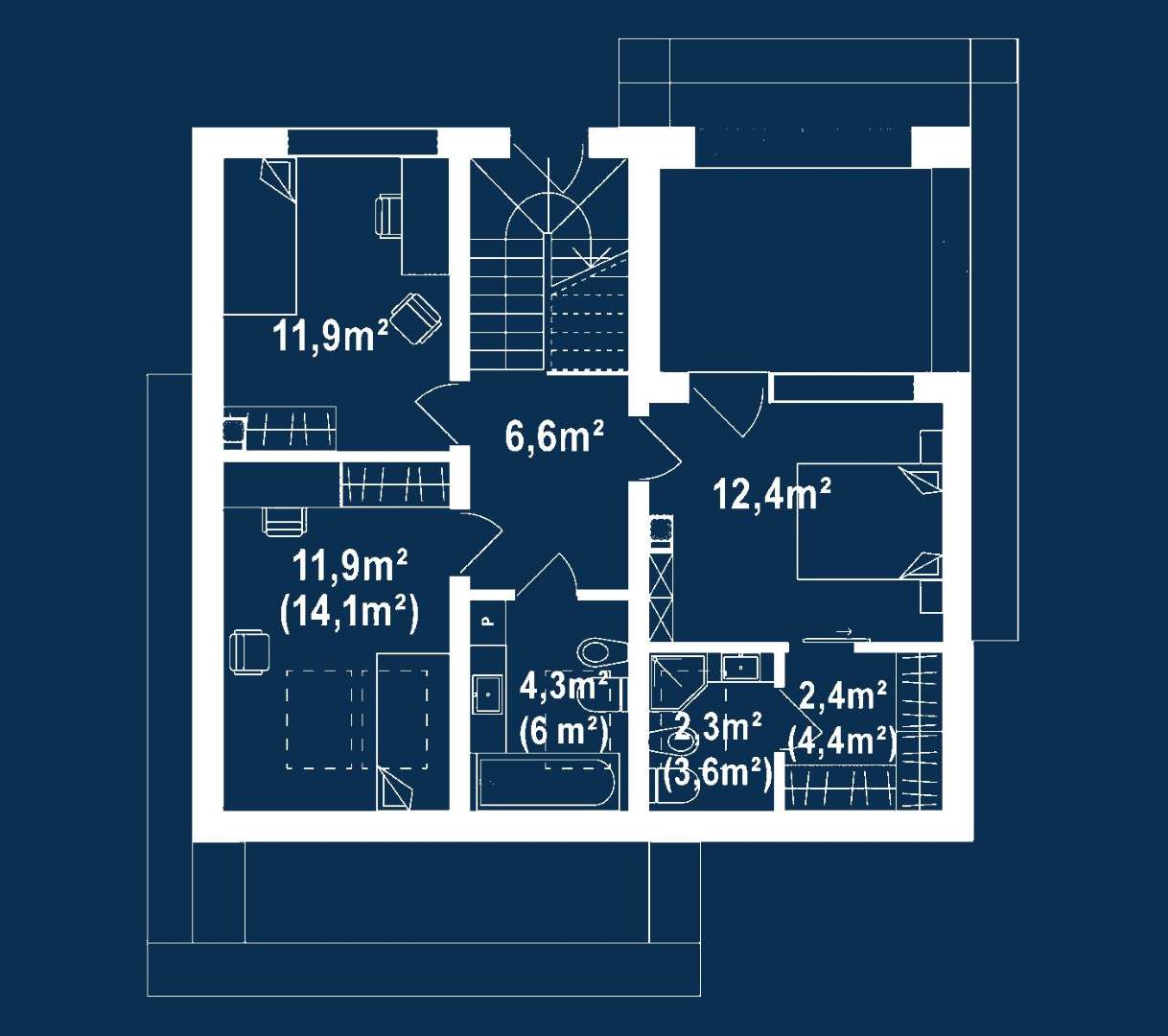 Plan mansardă Casă cu mansardă 114 mp utili, un dormitor, 3 băi
