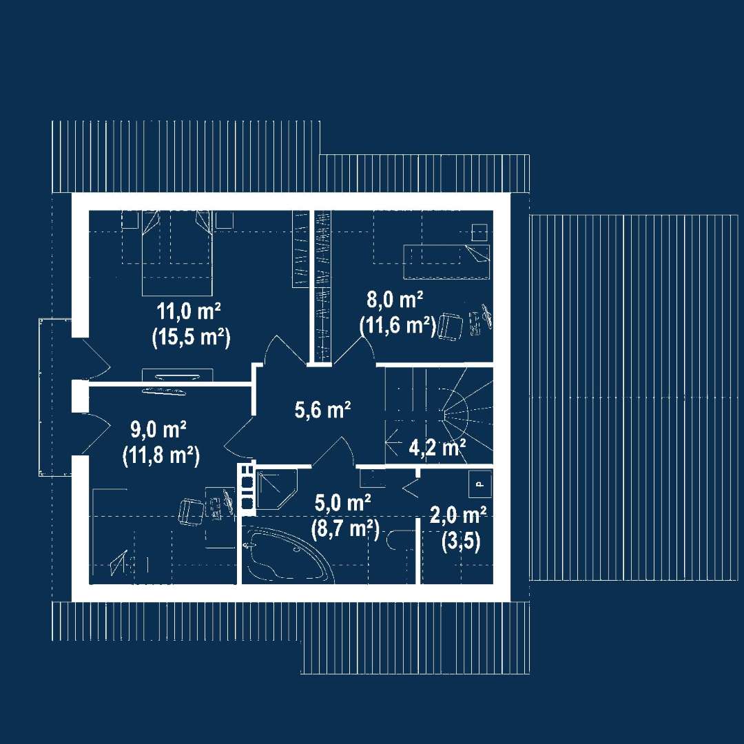Plan mansardă Casă cu mansardă 93 mp utili, un dormitor, 2 băi