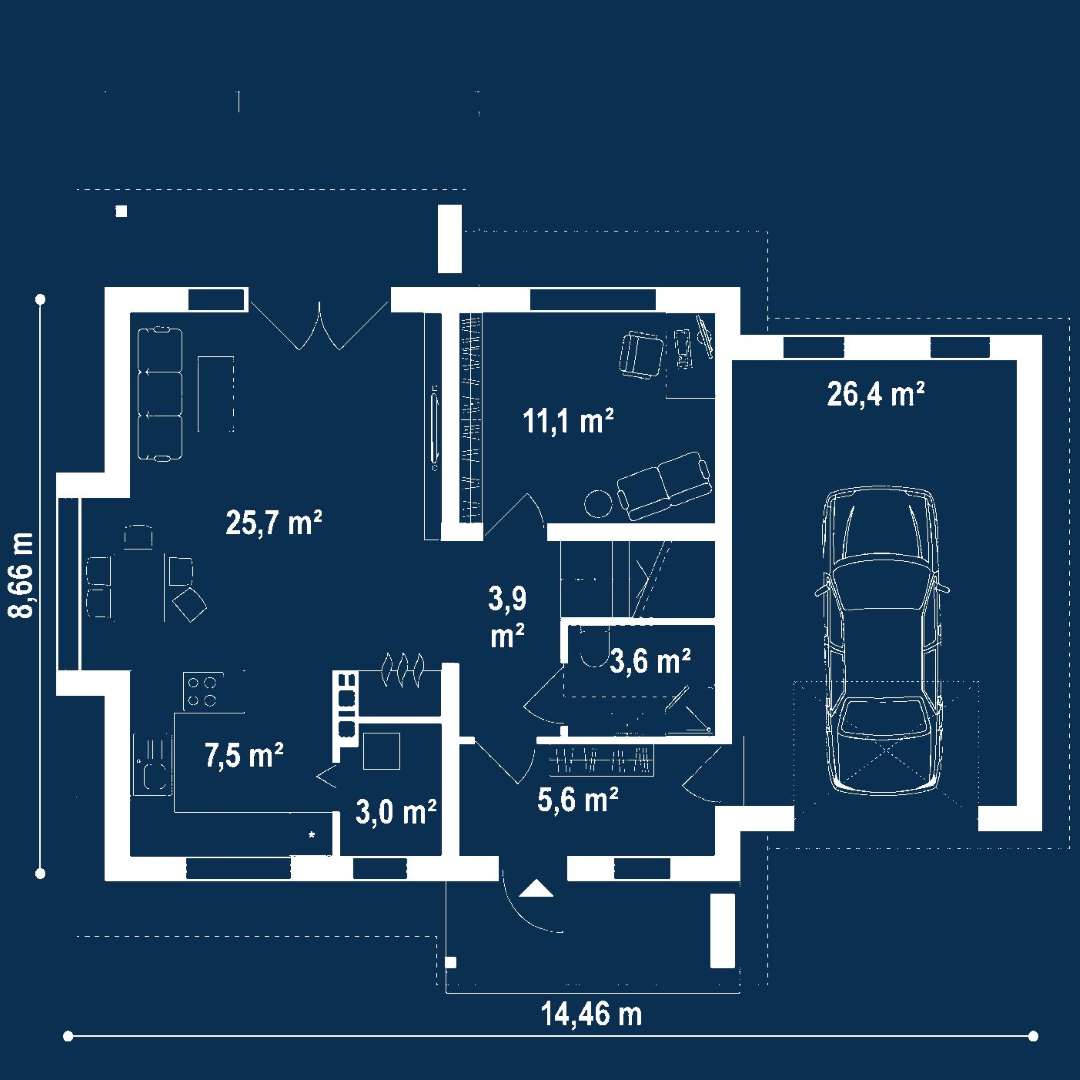 Plan parter Casă cu mansardă 93 mp utili, un dormitor, 2 băi