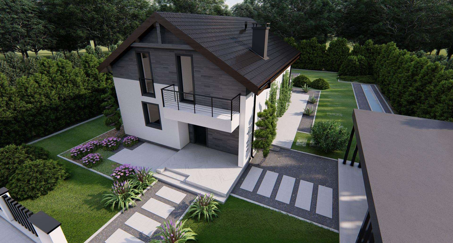 Fatada Casă cu mansardă 127 mp utili, un dormitor, 3 băi