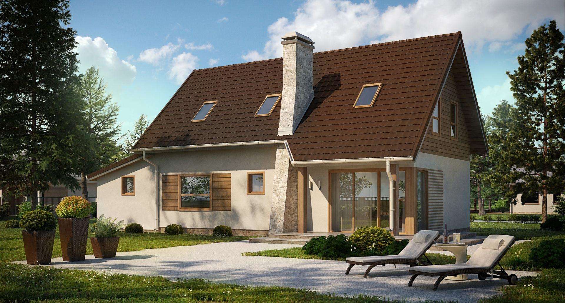 Fatada Casă cu mansardă 122 mp utili, un dormitor, 3 băi