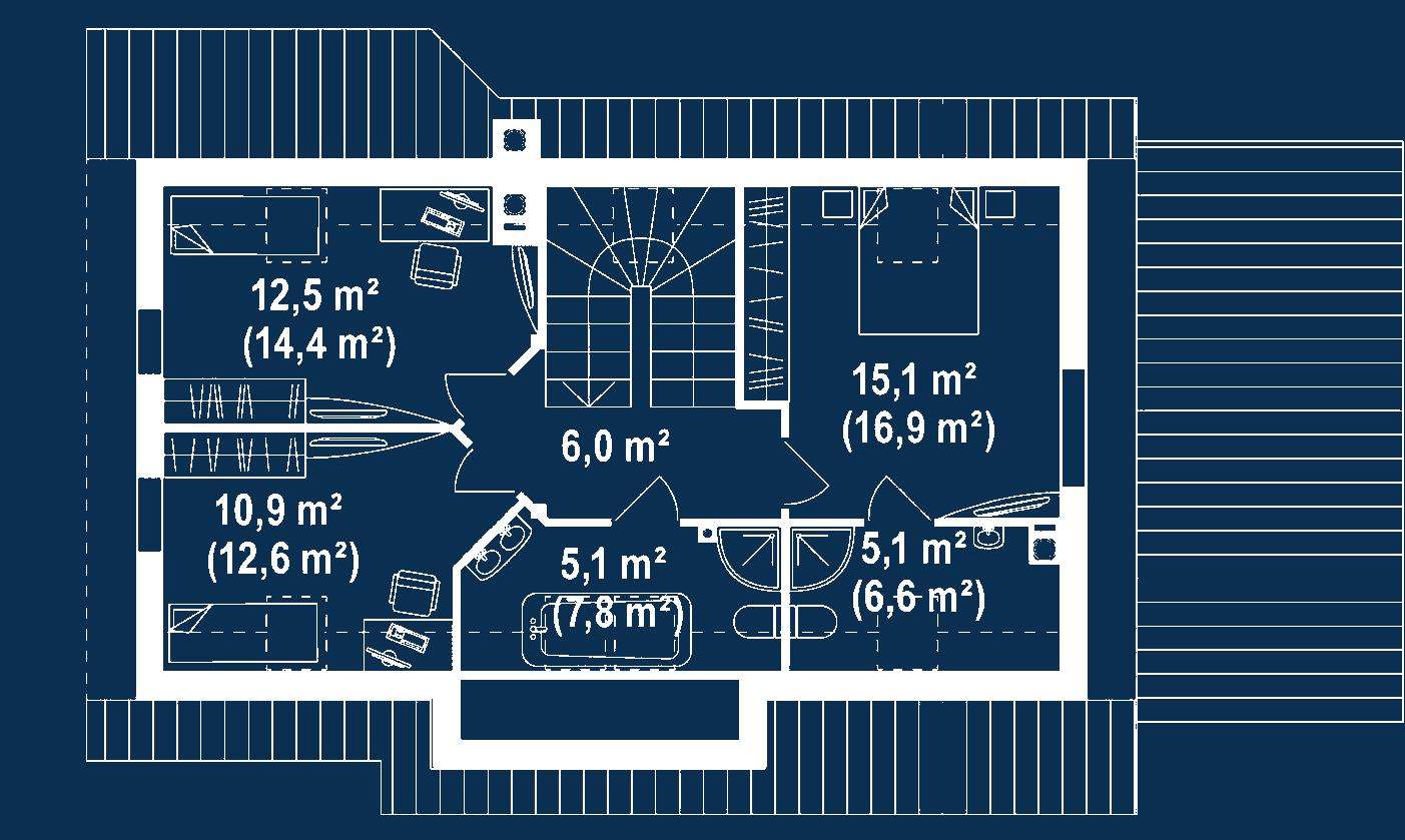 Plan mansardă Casă cu mansardă 122 mp utili, un dormitor, 3 băi