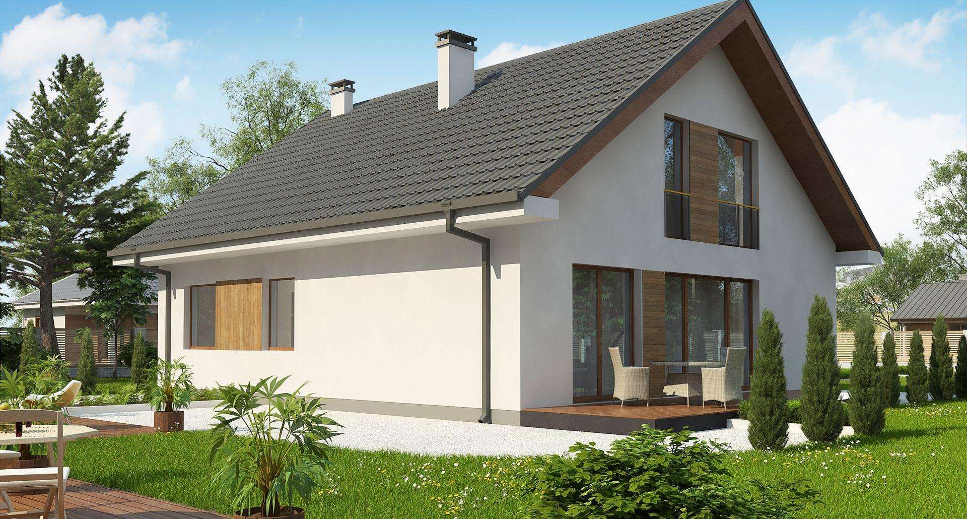 Fatada Casă cu mansardă 168 mp utili, un dormitor, 2 băi