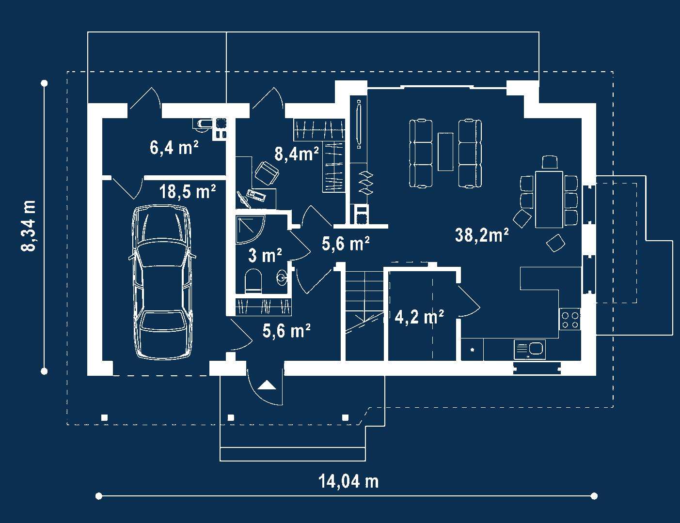 Plan parter Casă cu mansardă 132 mp utili, un dormitor, o baie