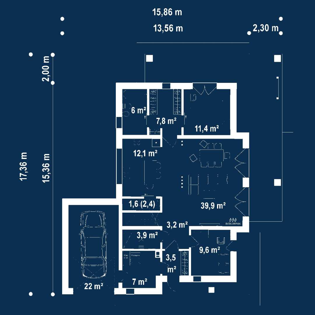 Plan parter Casă cu mansardă 152 mp utili, un dormitor, 3 băi