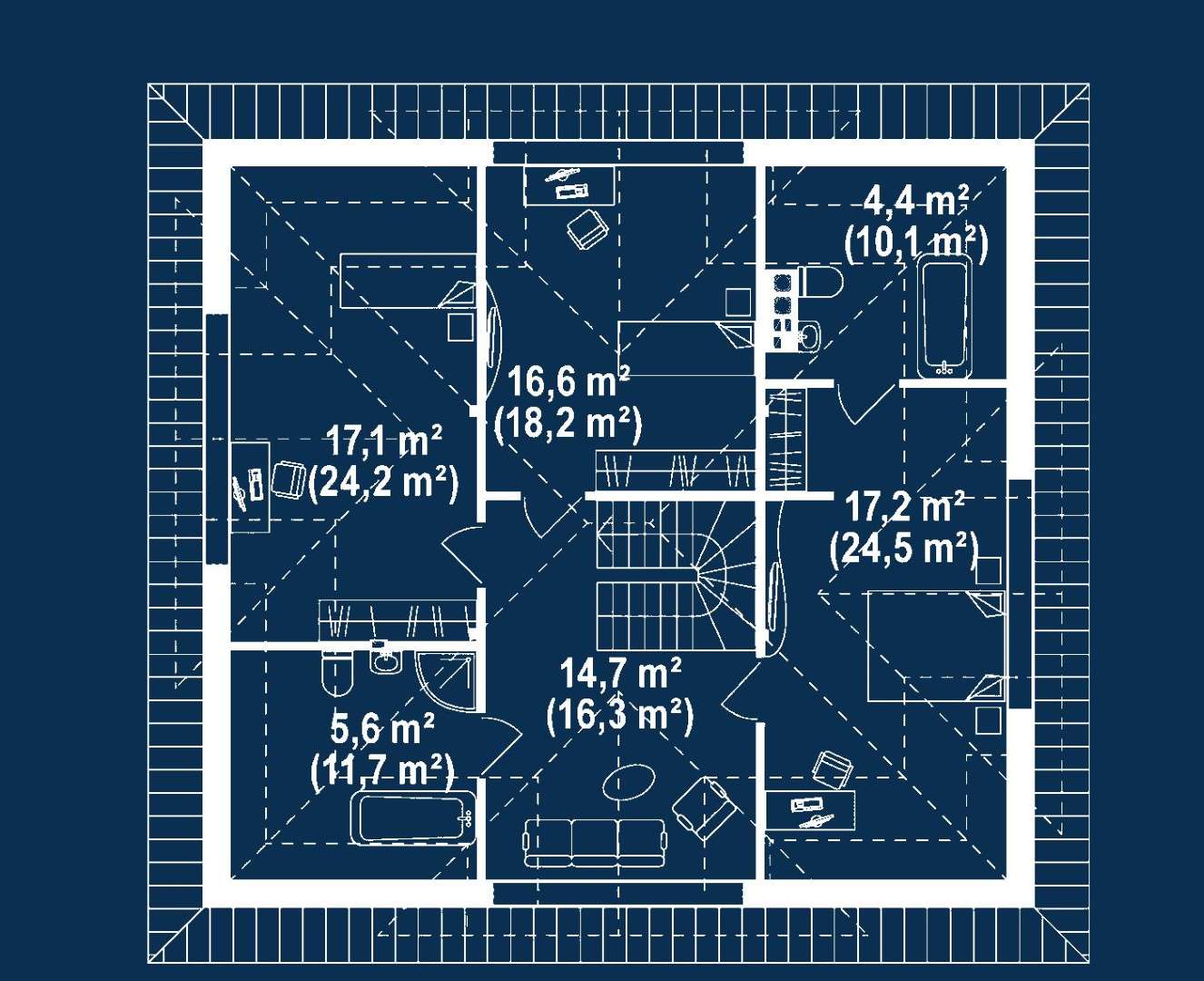 Plan mansardă Casă cu mansardă 143 mp utili, un dormitor, 2 băi