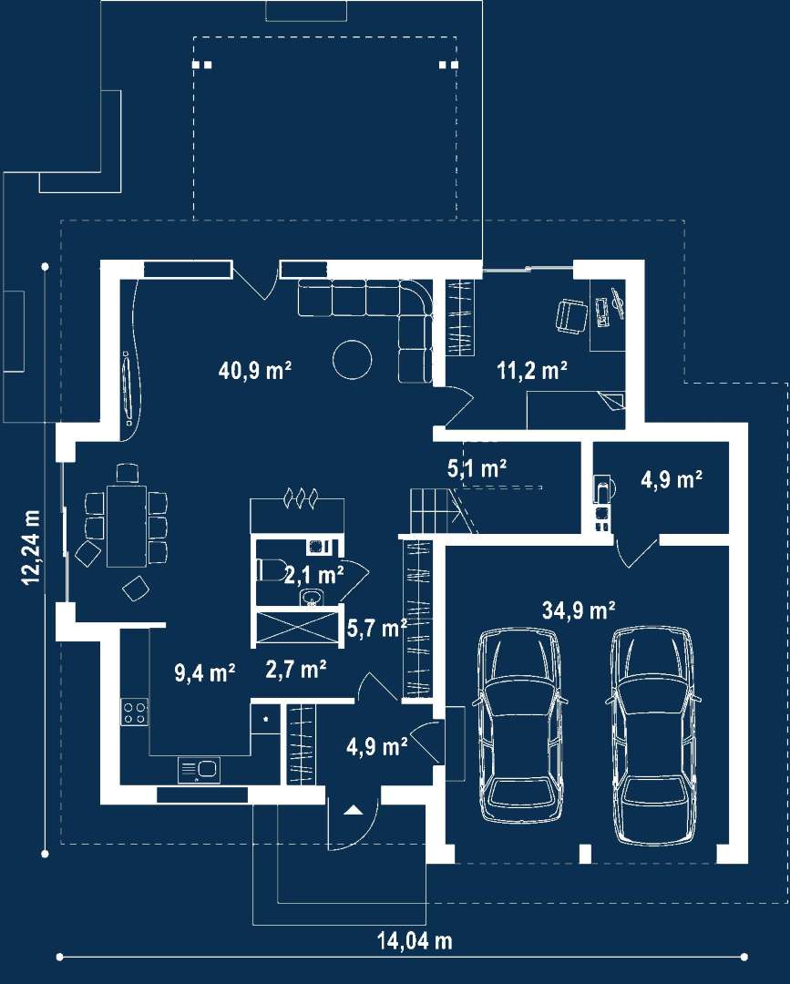 Plan parter Casă cu mansardă 157 mp utili, un dormitor, 2 băi