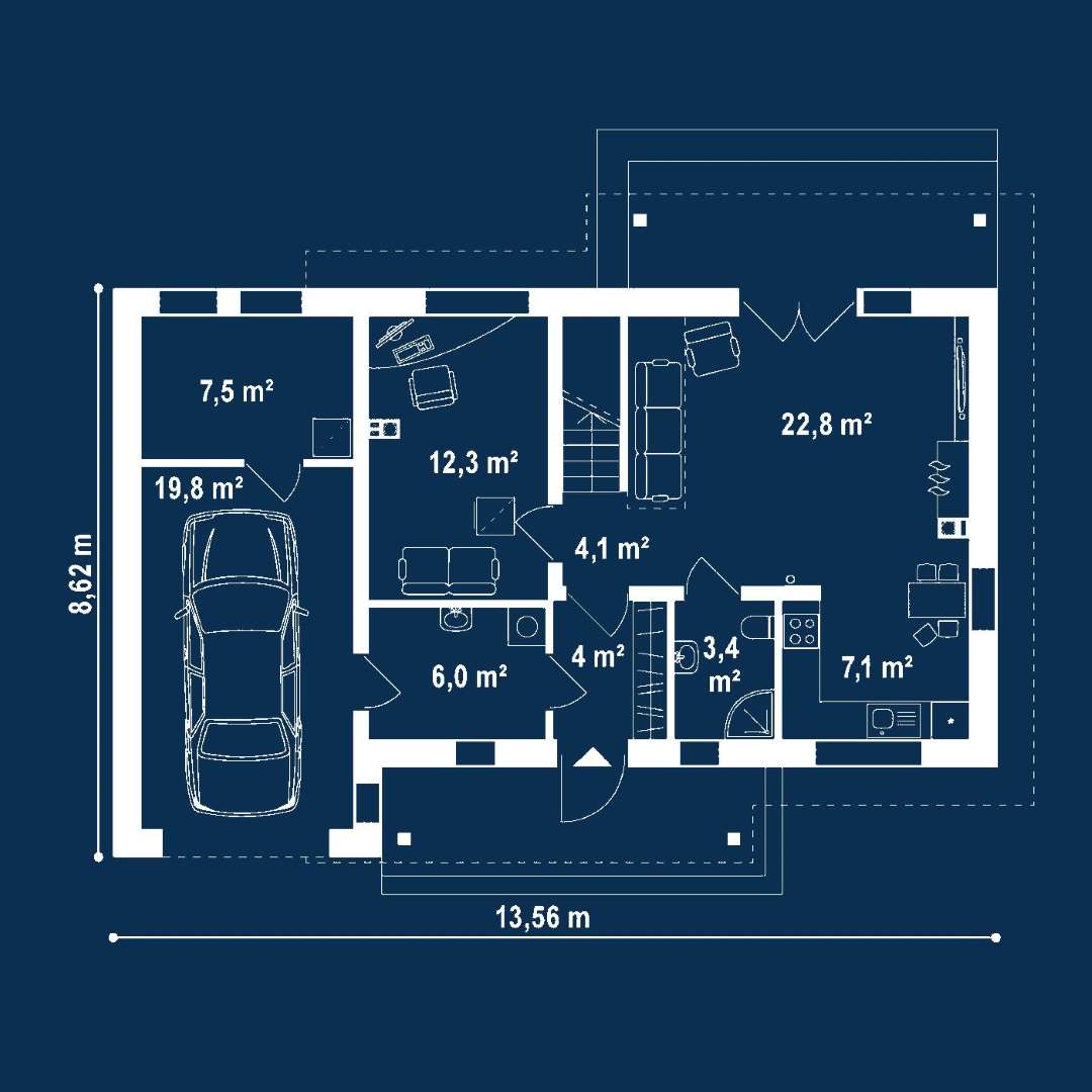 Plan parter Casă cu mansardă 97 mp utili, un dormitor, 2 băi