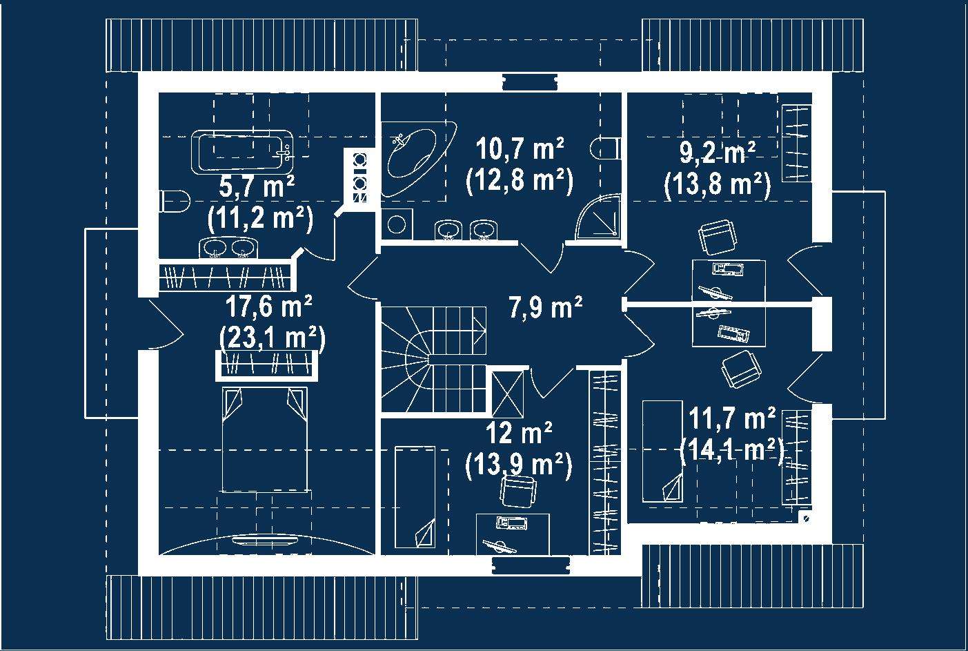 Plan mansardă Casă cu mansardă 134 mp utili, un dormitor, 2 băi