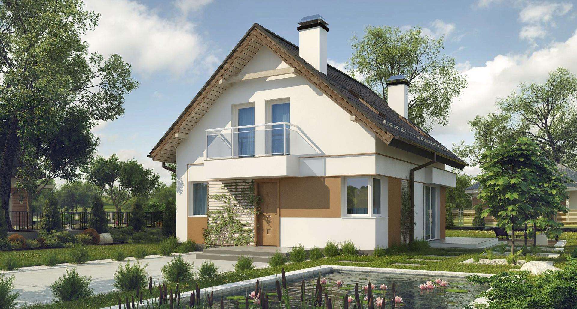 Fatada Casă cu mansardă 96 mp utili, un dormitor, 2 băi