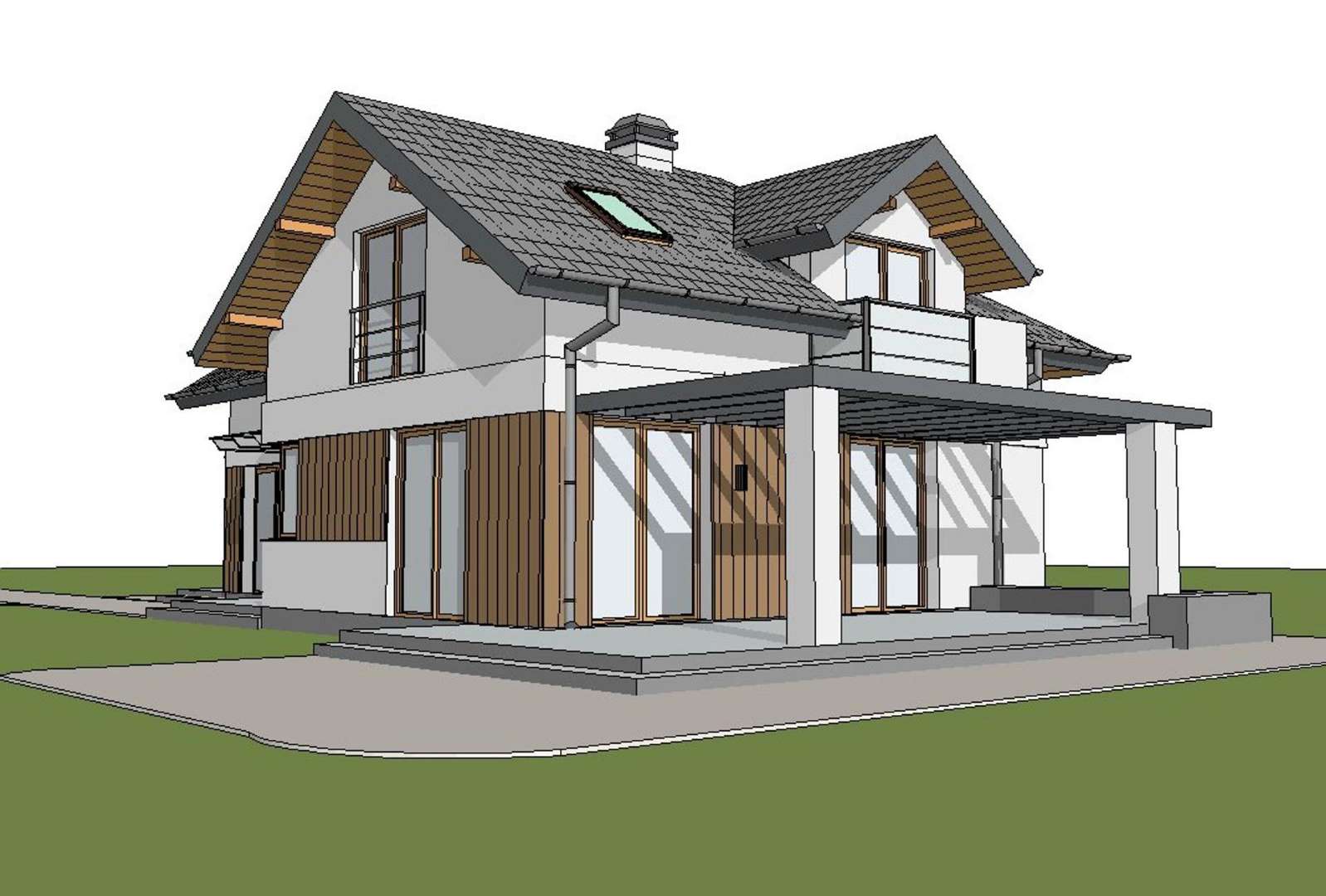 Fatada Casă cu mansardă 129 mp utili, un dormitor, 2 băi