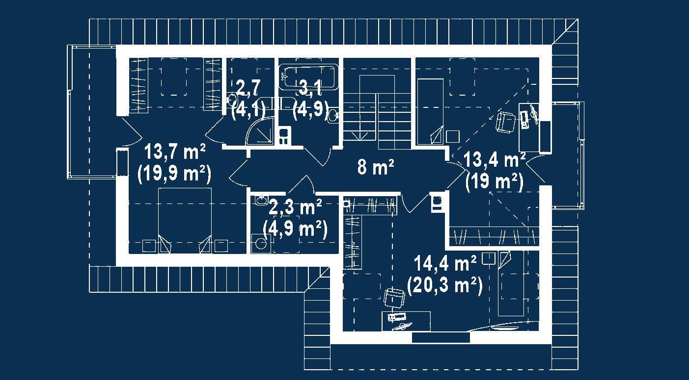 Plan mansardă Casă cu mansardă 129 mp utili, un dormitor, 2 băi