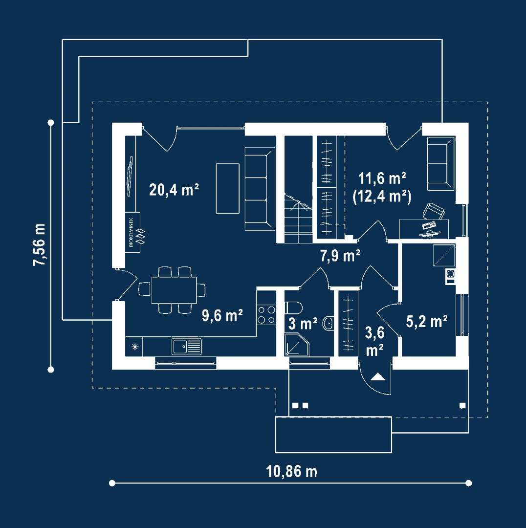 Plan parter Casă cu mansardă 98 mp utili, un dormitor, 2 băi