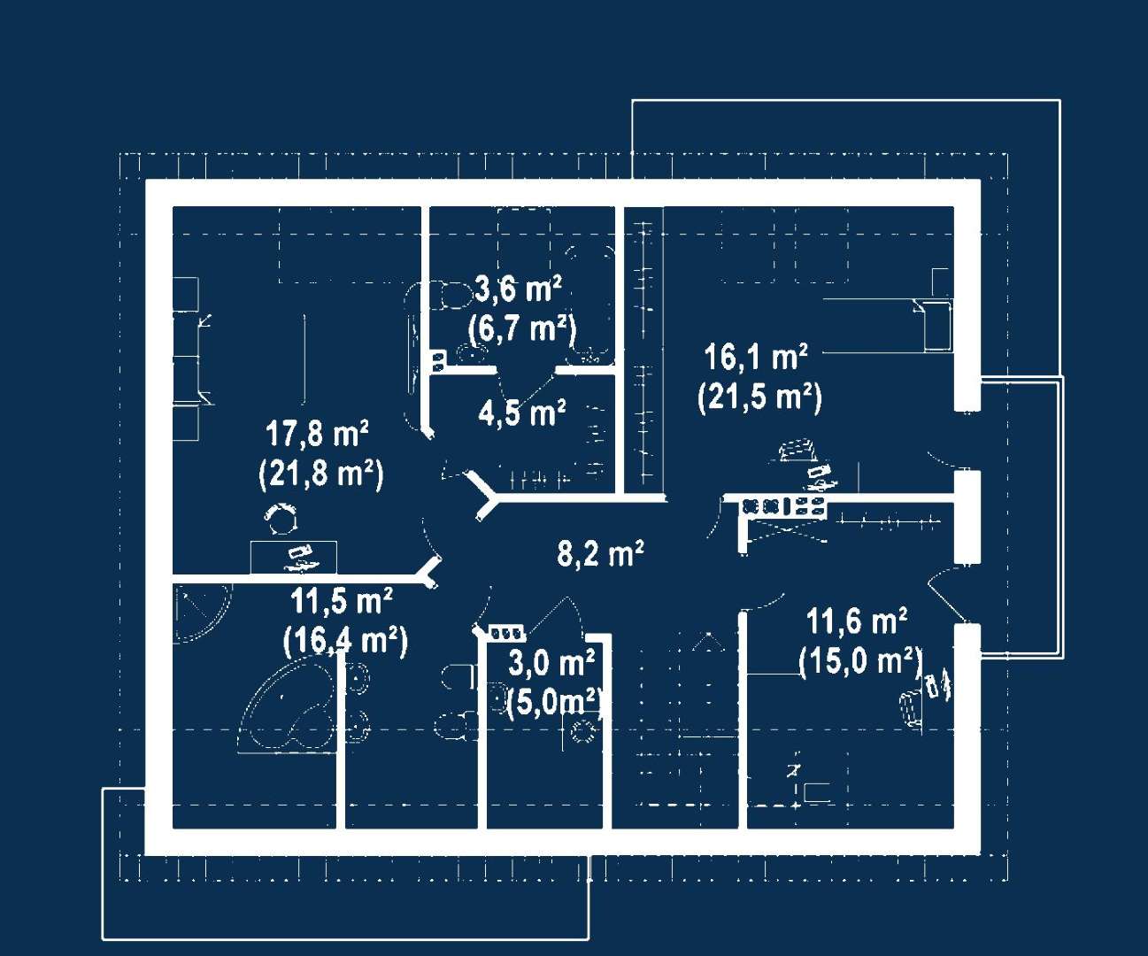 Plan mansardă Casă cu mansardă 149 mp utili, un dormitor, 3 băi