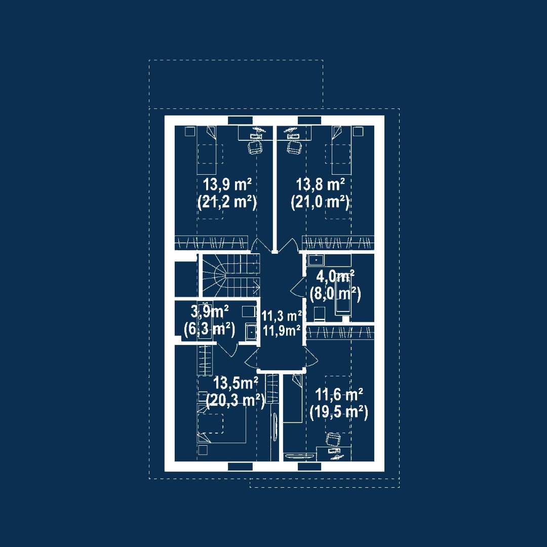 Plan mansardă Casă cu mansardă 149 mp utili, un dormitor, 2 băi