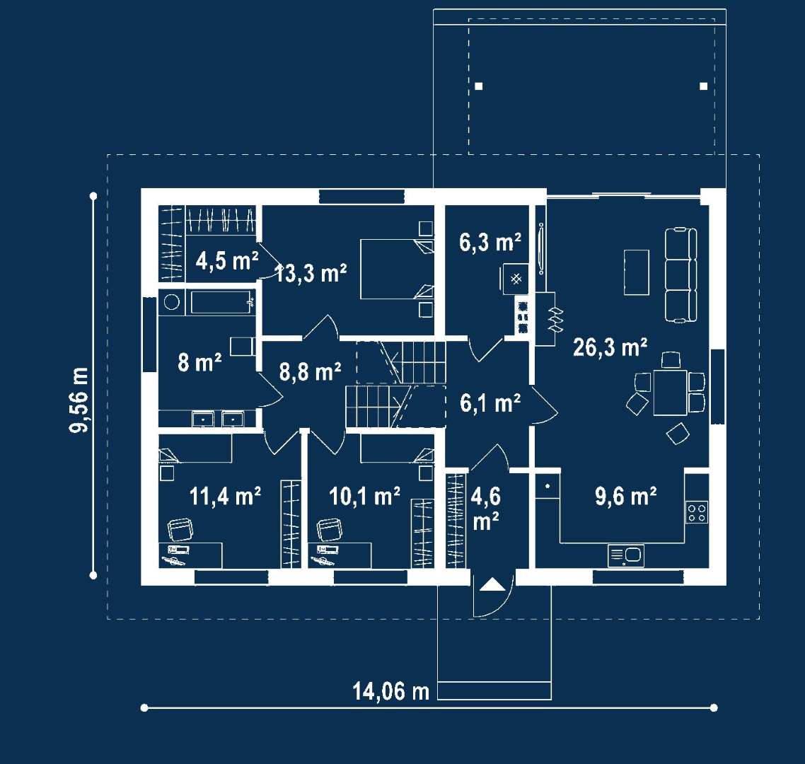 Plan parter Casă cu mansardă 152 mp utili, 3 dormitoare, 2 băi