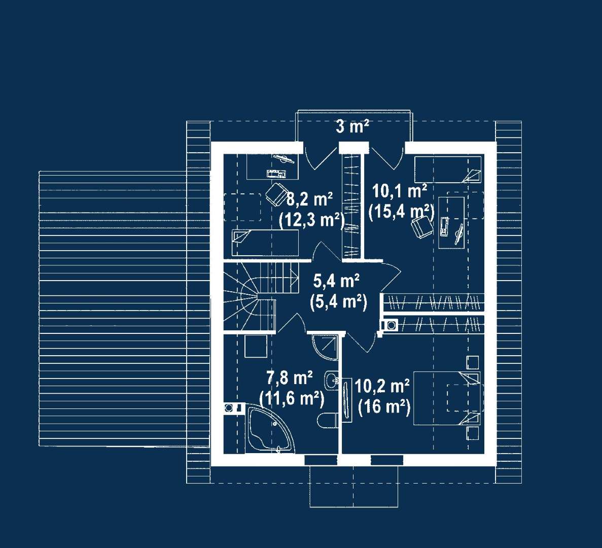 Plan mansardă Casă cu mansardă 106 mp utili, un dormitor, o baie