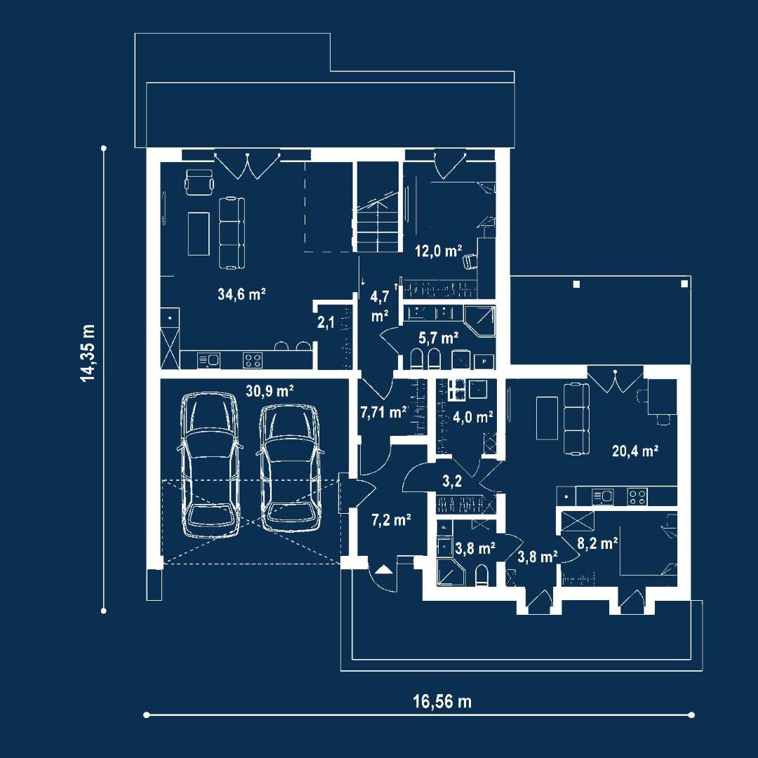 Plan parter Casă cu mansardă 141 mp utili, 2 dormitoare, 3 băi