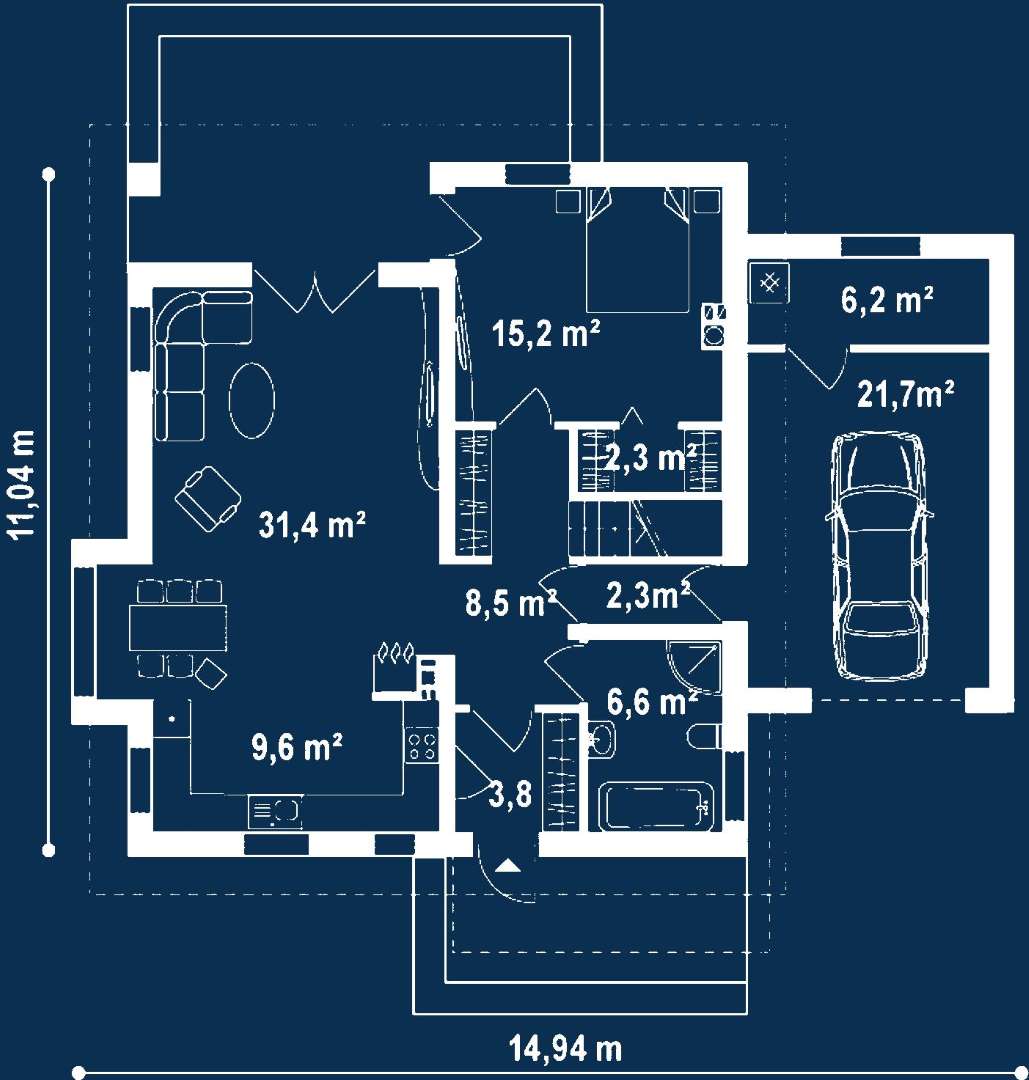 Plan parter Casă cu mansardă 145 mp utili, un dormitor, 2 băi
