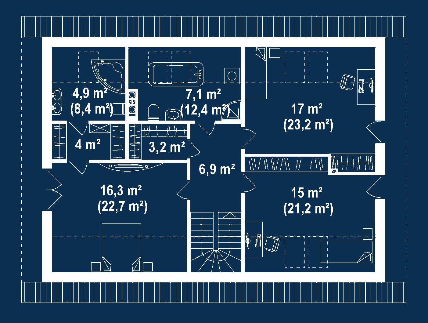 Plan mansardă Casă cu mansardă 144 mp utili, un dormitor, 2 băi