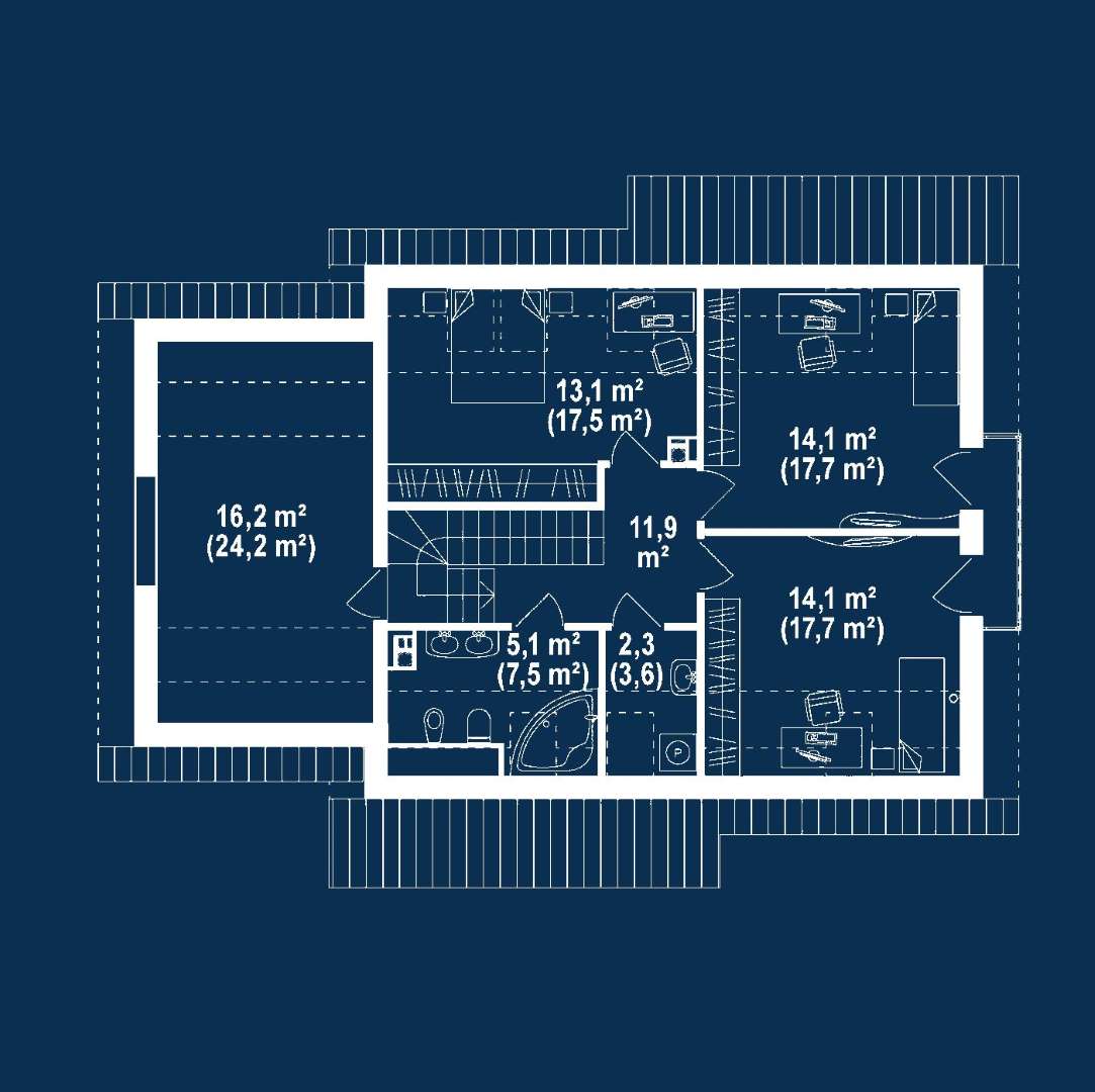 Plan mansardă Casă cu mansardă 140 mp utili, un dormitor, 2 băi