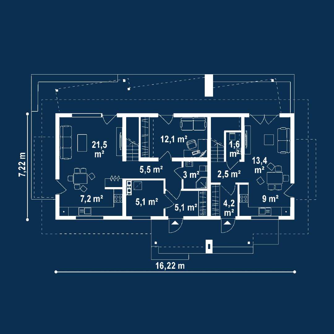 Plan parter Casă cu mansardă 153 mp utili, un dormitor, 3 băi