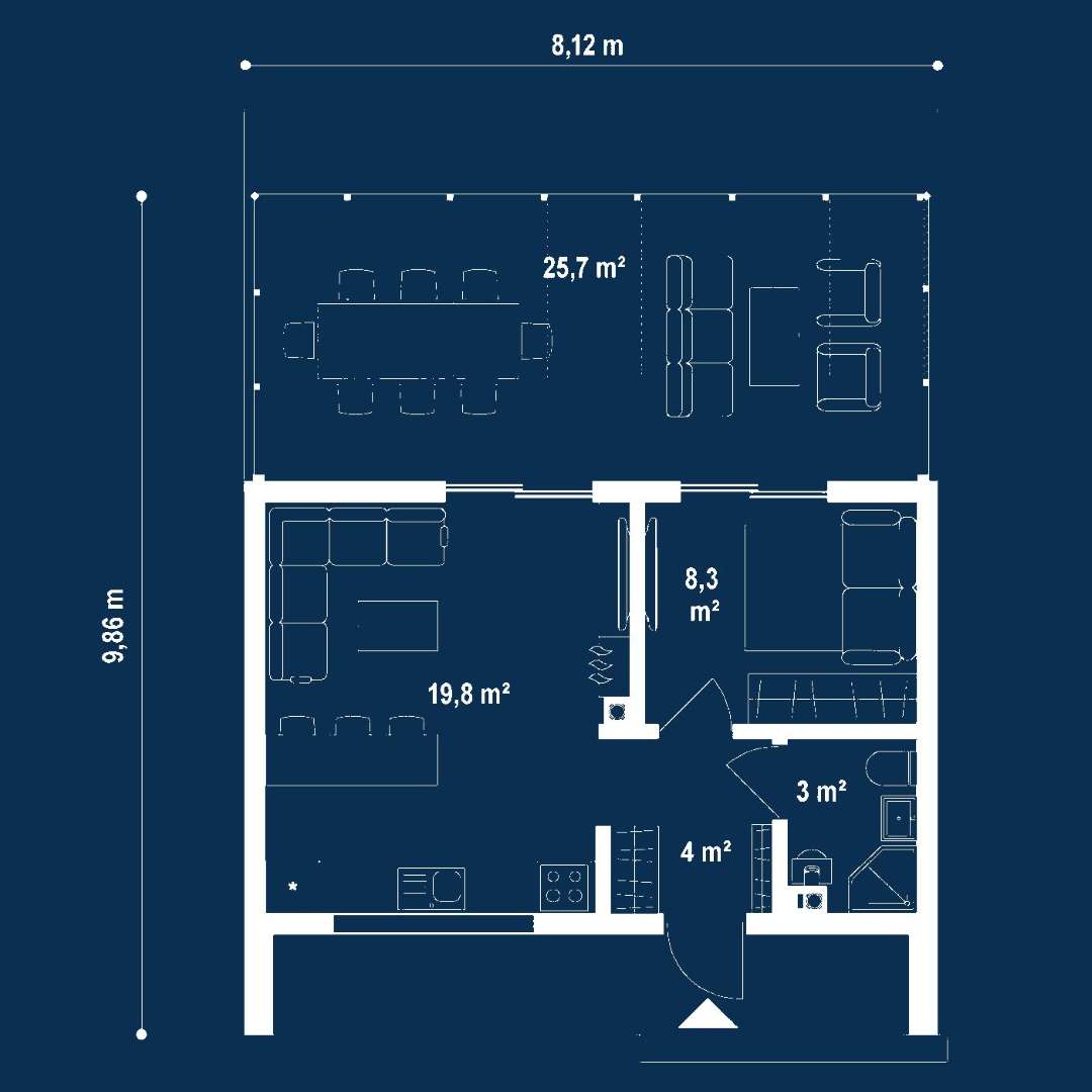 Plan parter Casă parter 35 mp utili, un dormitor, o baie