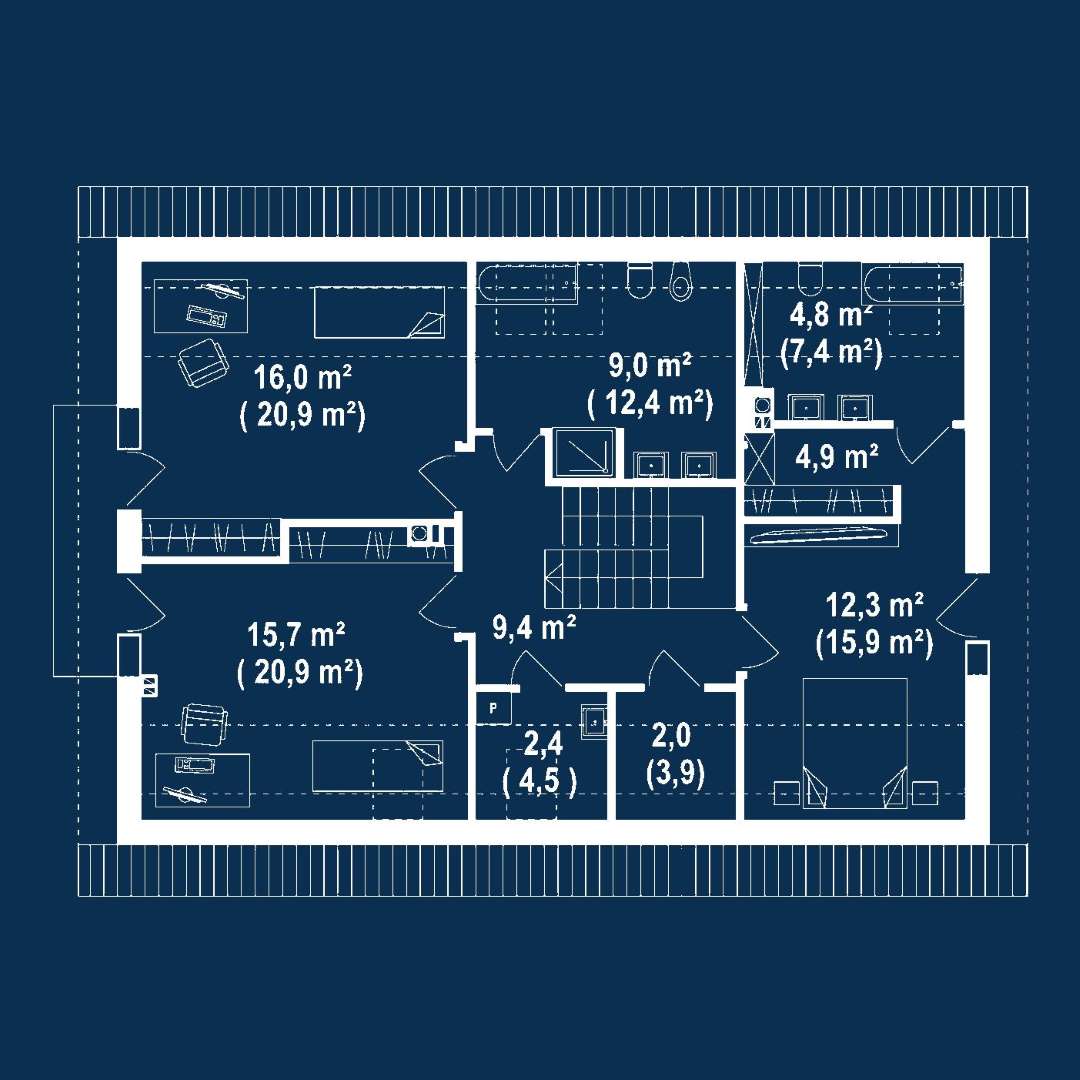 Plan mansardă Casă cu mansardă 146 mp utili, un dormitor, 2 băi