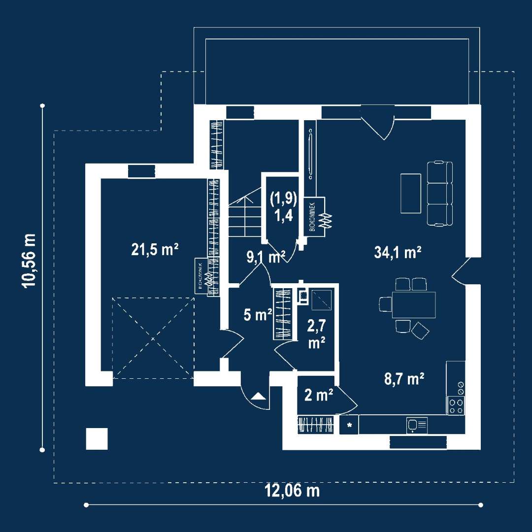 Plan parter Casă cu mansardă 114 mp utili, un dormitor, o baie
