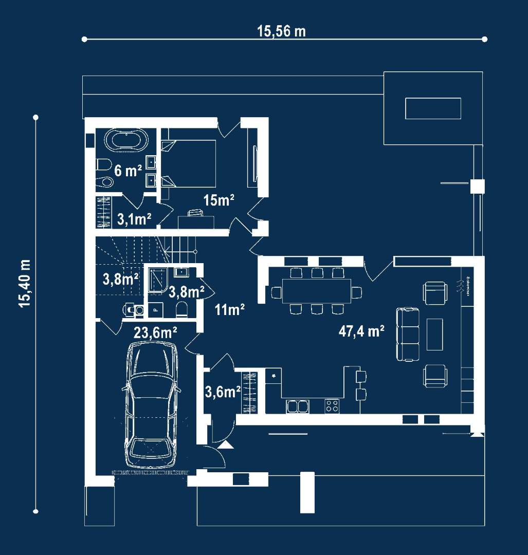 Plan parter Casă cu mansardă 129 mp utili, un dormitor, 3 băi