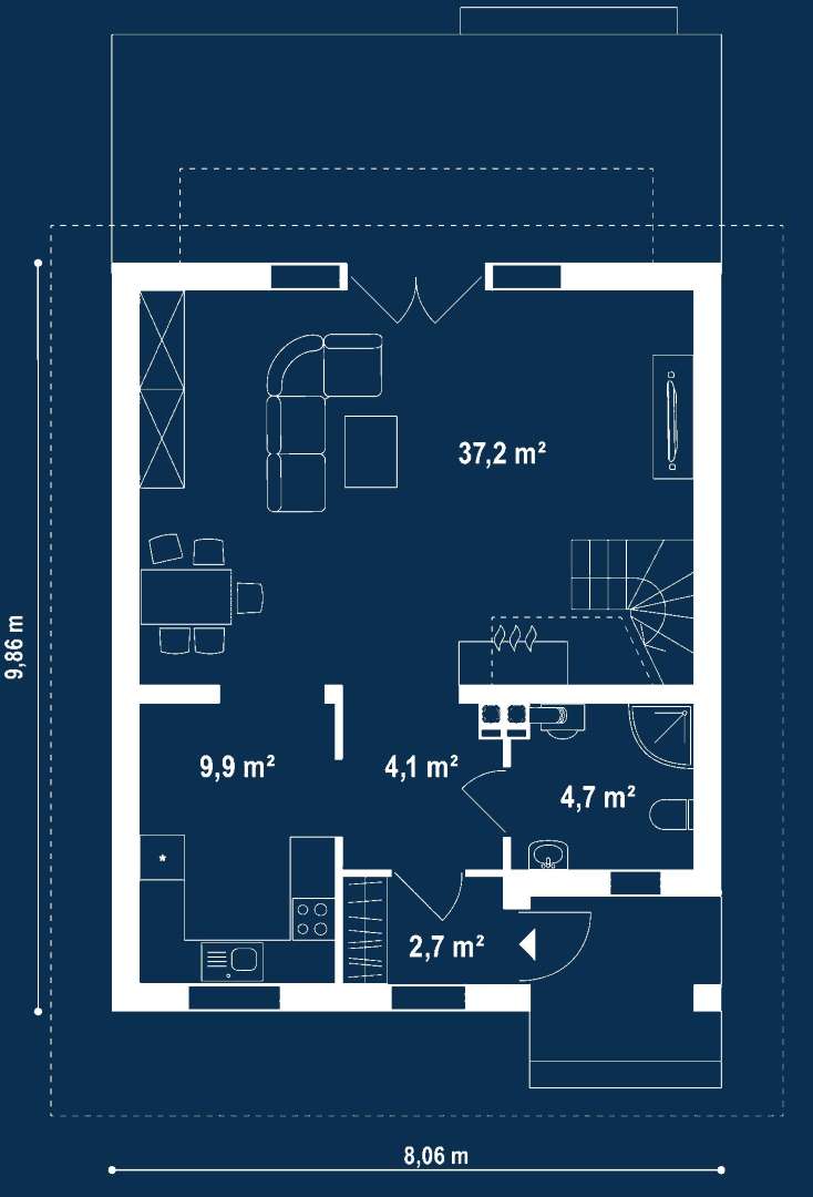 Plan parter Casă cu mansardă 103 mp utili, un dormitor, 2 băi