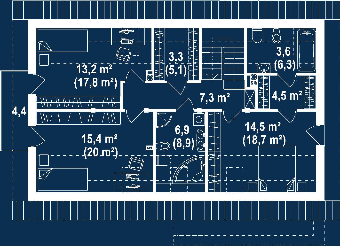 Plan mansardă Casă cu mansardă 138 mp utili, un dormitor, 3 băi
