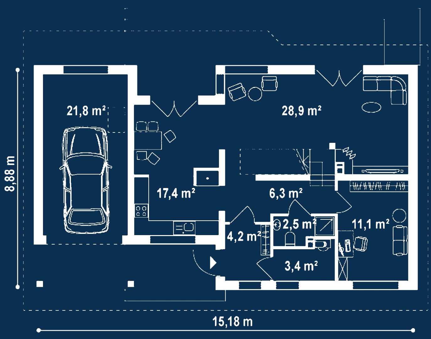 Plan parter Casă cu mansardă 130 mp utili, un dormitor, 2 băi
