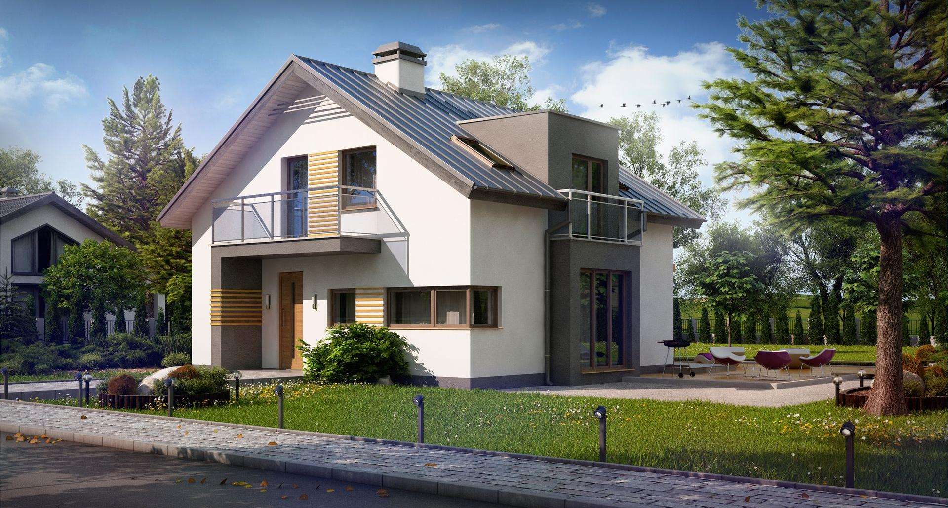 Fatada Casă cu mansardă 109 mp utili, un dormitor, o baie
