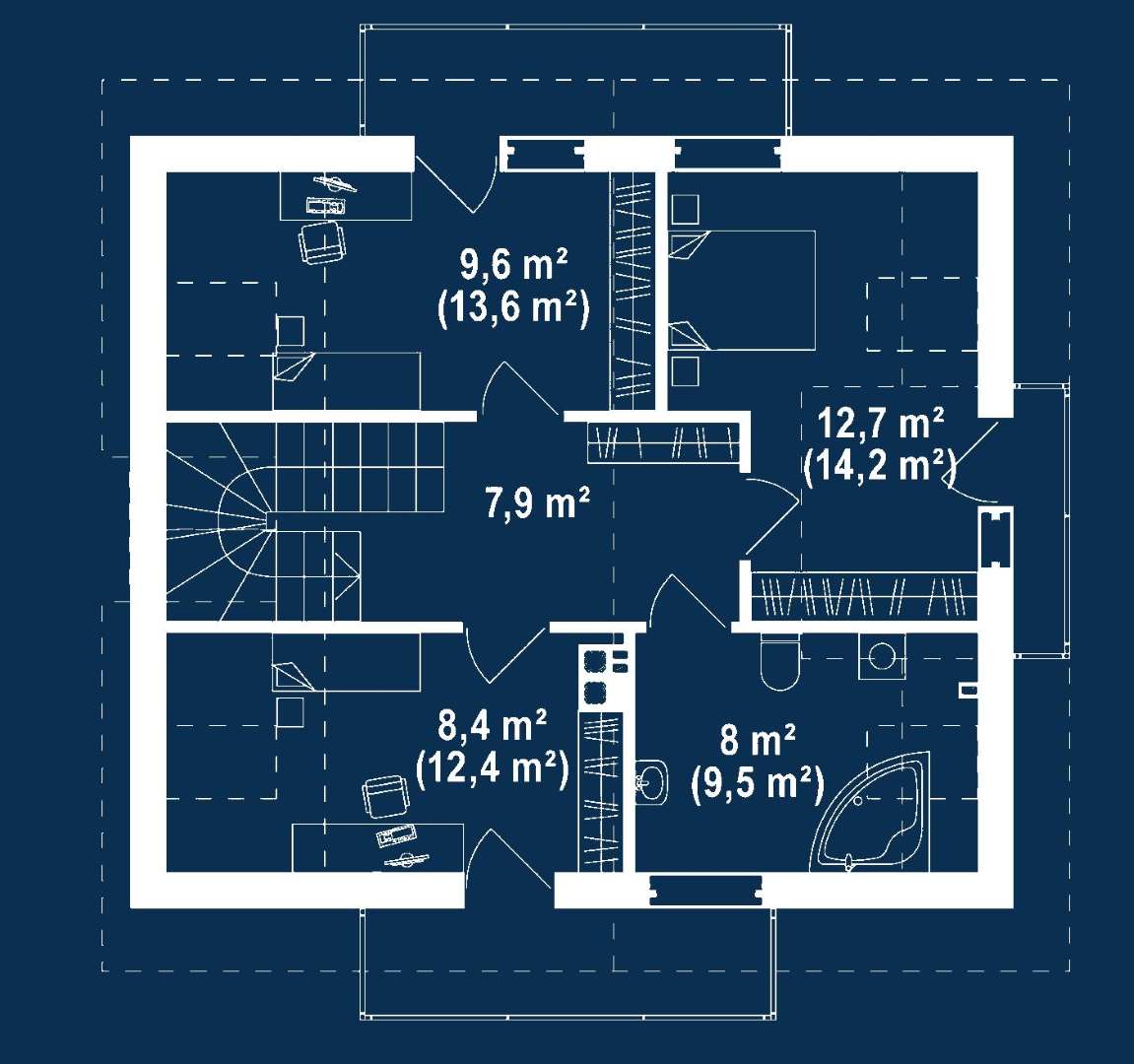 Plan mansardă Casă cu mansardă 109 mp utili, un dormitor, o baie